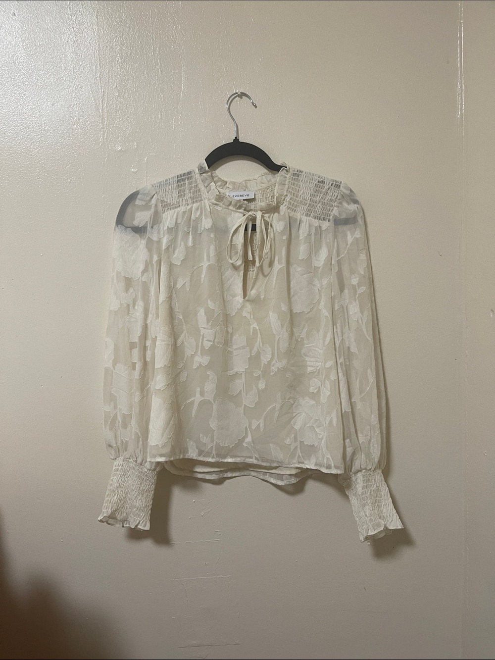 Forever 21 Ivory Sheer Floral Tie-Neck Blouse